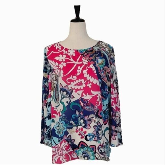 Chico's Bright Floral Split Bell Sleeve Chiffon Blouse Size 2/L - Picture 1 of 8